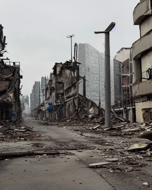 Image similar to an apocalyptic derelict city street with destroyed buildings on the sides