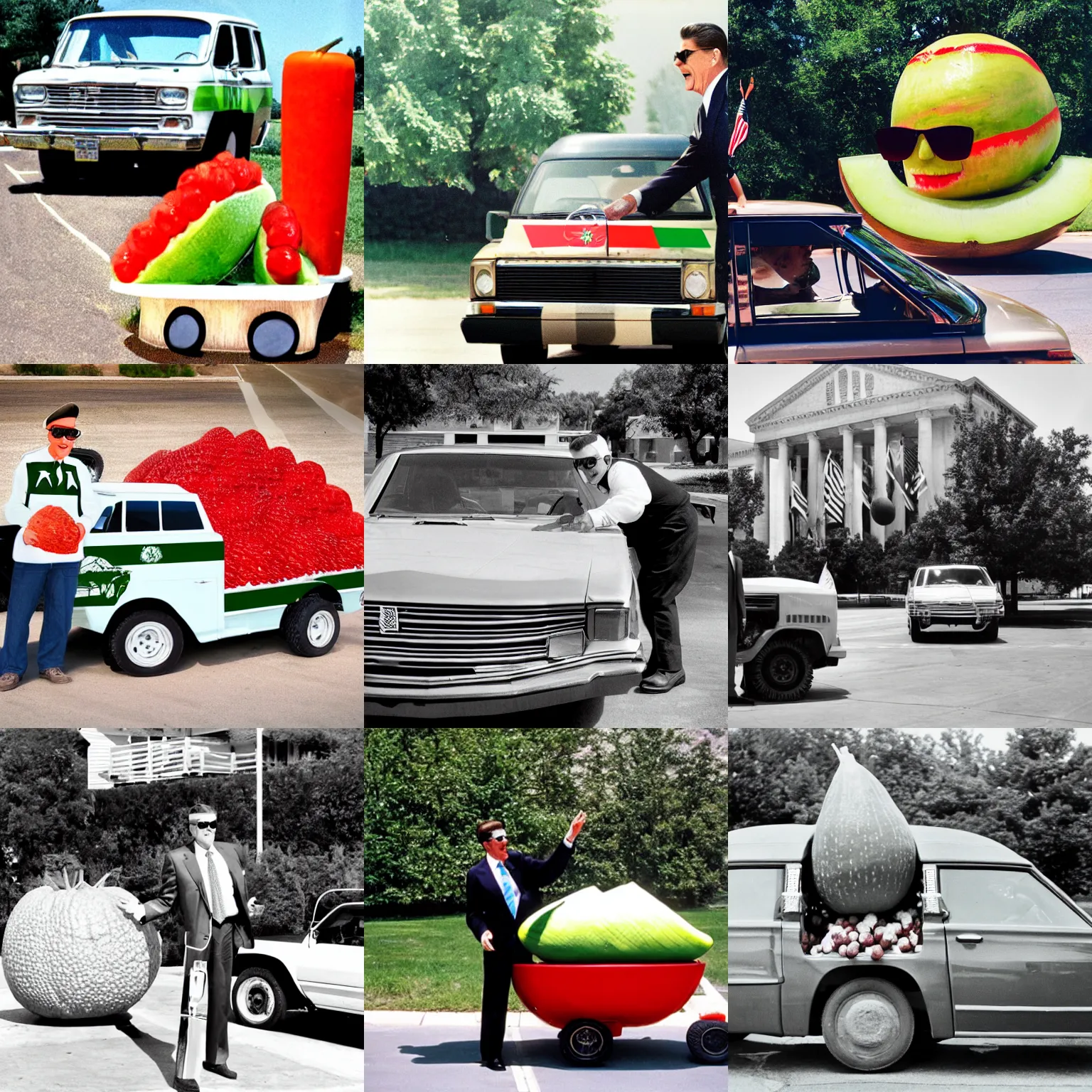 Prompt: melon bursting in front of paver vehicle, ronald reagan with sunglasses