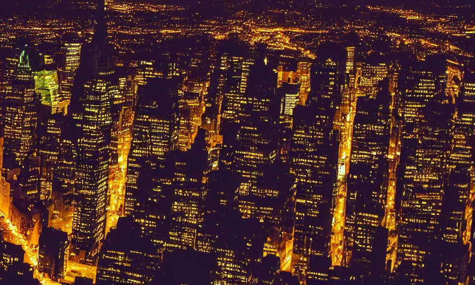 Image similar to photo of new york city at night, birdseye view, 4k, grainy, film photography