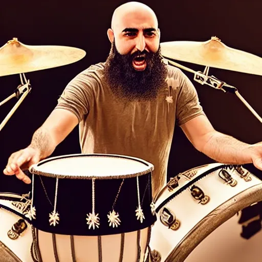 Image similar to bald arab guy with a beard playing a drum solo on a large drum kit, cinematic style, symmetric, highly detailed, ornate, intricate, realistic