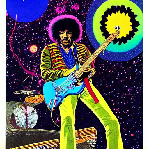 Prompt: artwork by Moebius showing Jimi Hendrix sitting on the rings of Saturn playing his electric guitar