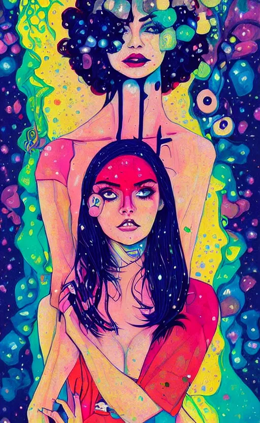 Image similar to an ultra detailed beautiful painting of a stylish woman with colorful sundress, concert poster, modern retro, symmetrical, harumi hironaka, conrad roset, greg rutkowski