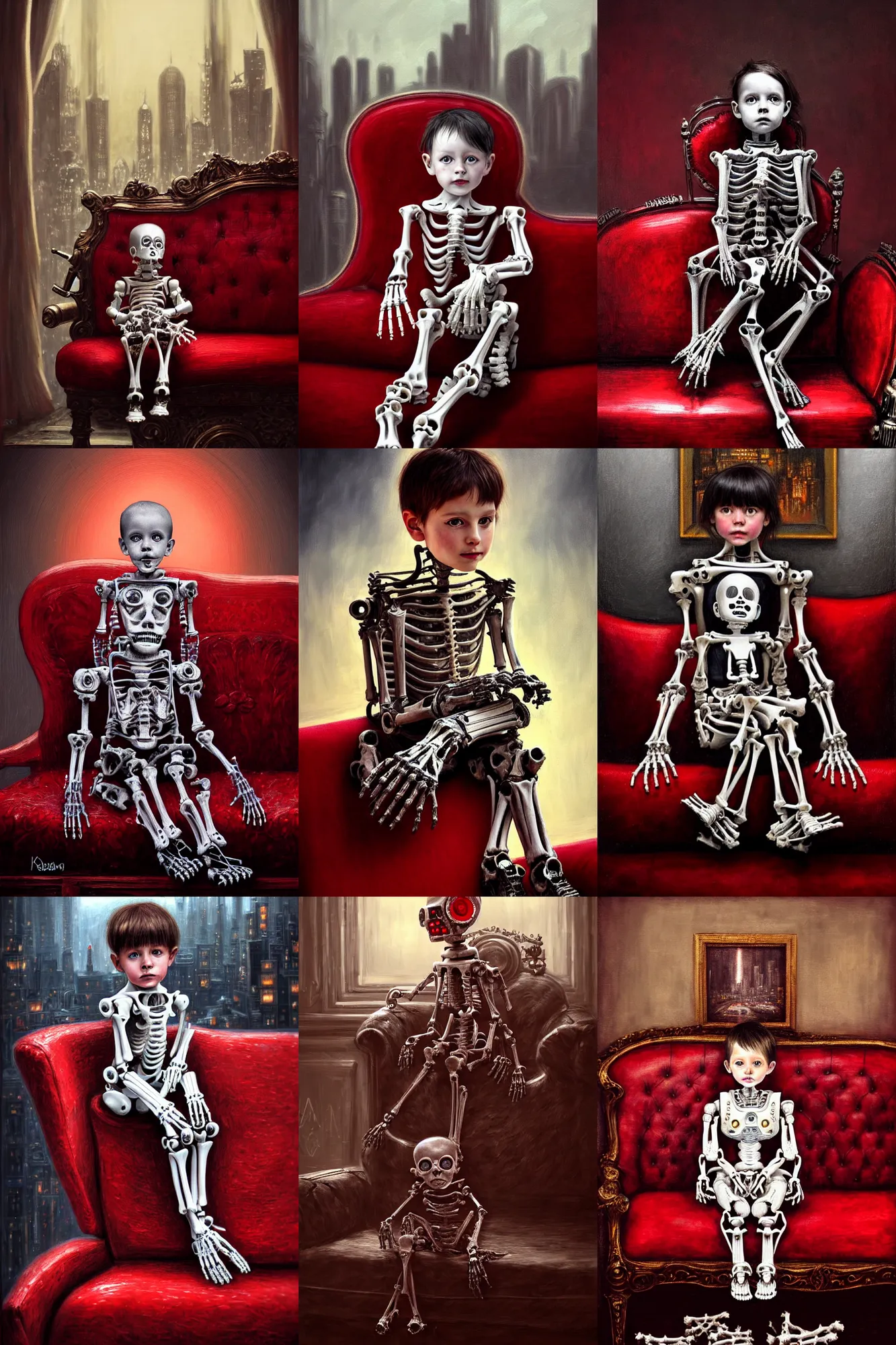 Prompt: photorealistic portrait photograph of a victorian robot child sitting on a sofa made entirely of bones, surreal cityscape background, red accents, fantasy, depth of field, highly detailed, intricate, realistic, soft glow, textured, artstation, concept art, sharp focus, illustration, painting by konan lim and durmus bahar