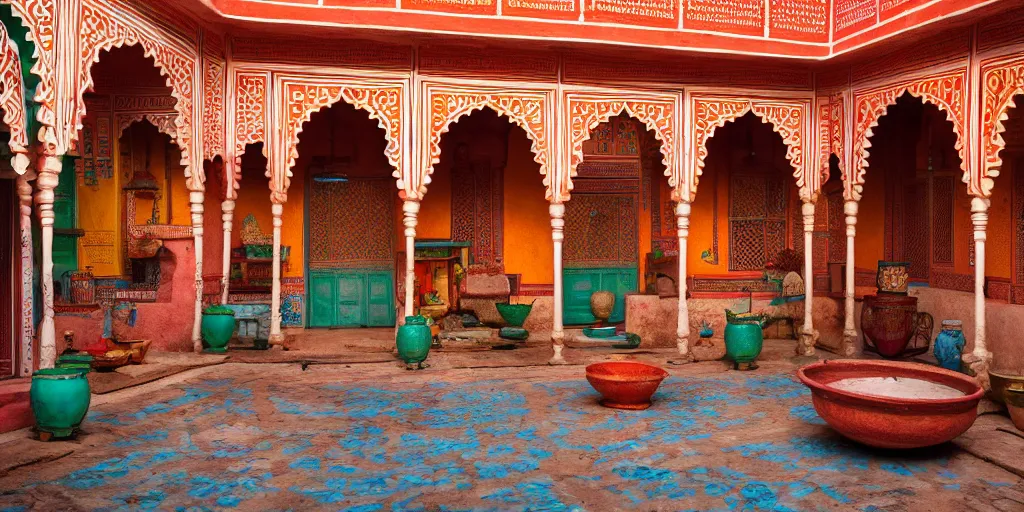 Prompt: an indian courtyard, still from wes anderson movie, high production value, intricate details, vibrant colors, 8 k resolution, hyperrealistic, hdr, photorealistic, high definition, tehnicolor, award - winning photography, masterpiece, amazing colors