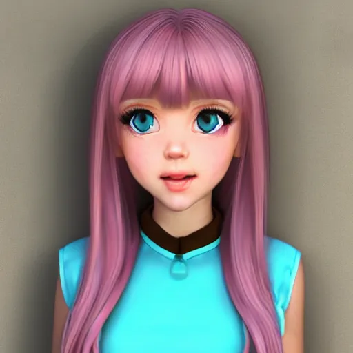 Image similar to Render of Nikki from Shining Nikki Dress-Up Game, a cute 3D young woman, long light pink hair, full bangs, full round face, hazel amber eyes, pale skin, cute freckles, light blush, Chinese heritage, smiling softly, wearing casual clothing, interior lighting, cozy living room background, medium shot, mid-shot, hyperdetailed, trending on Artstation, Unreal Engine 4k