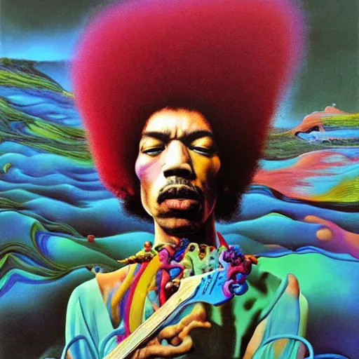 Image similar to ultrawide angle colour masterpiece surreal portrait photography of jimi hendrix playing on stage by miho hirano and annie leibovitz, weird surreal epic psychedelic complex biomorphic 3 d fractal landscape in background by salvador dali and beksinski, 8 k