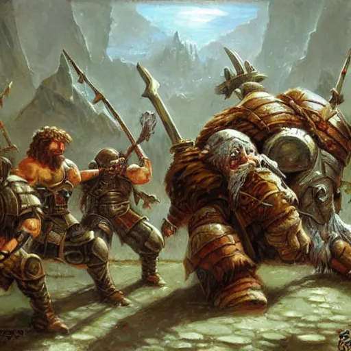 Image similar to Dwarven iron guard fighting a troll. Dnd. Epic painting by james gurney.