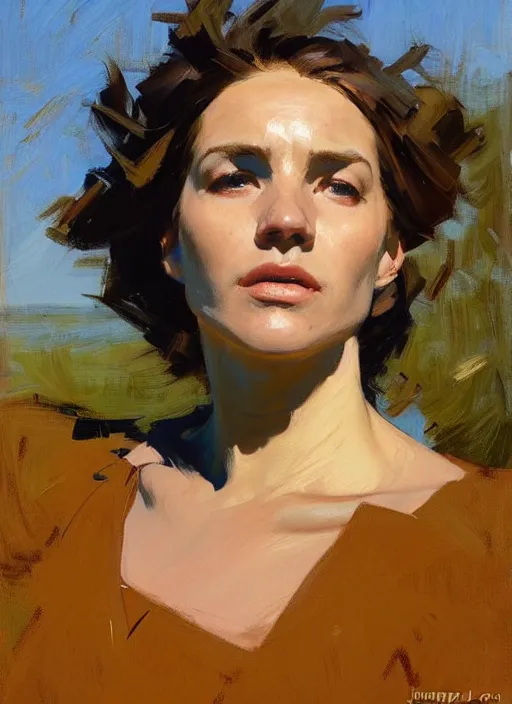 Prompt: Greg Manchess painting of Jules, countryside, calm, fantasy character portrait, dynamic pose, above view, sunny day, thunder clouds in the sky, artwork by Jeremy Lipkin and Giuseppe Dangelico Pino and Michael Garmash and Rob Rey, very coherent asymmetrical artwork, sharp edges, perfect face, simple form, 100mm