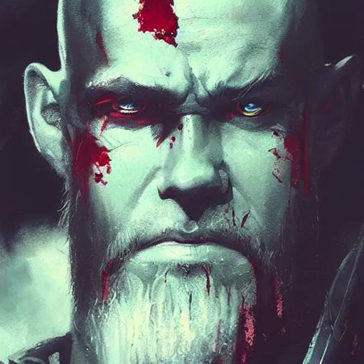 Image similar to kratos portrait, bleeding, by greg rutkowski, cinematic view, great light