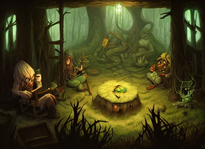 Image similar to dark cabin interior. a leshy forces you to play a card game. low lighting, dark painting by dan volbert and mandy jurgens and deiv calviz and lim chuan shin