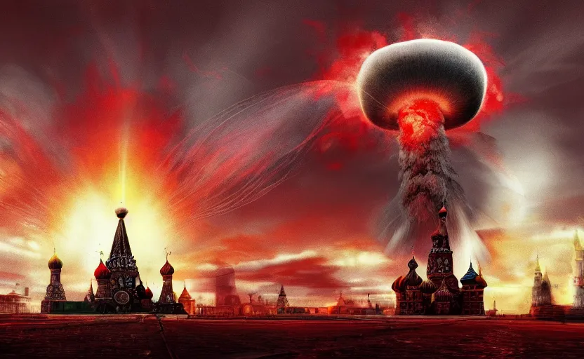 Image similar to nuclear explosion with realistic nuclear mushroom in Red Square Kremlin, intricate, cinematic shot, extremely high detail, photo realistic, cinematic lighting, post processed, artstation, matte painting, smooth, sharp focus, illustration