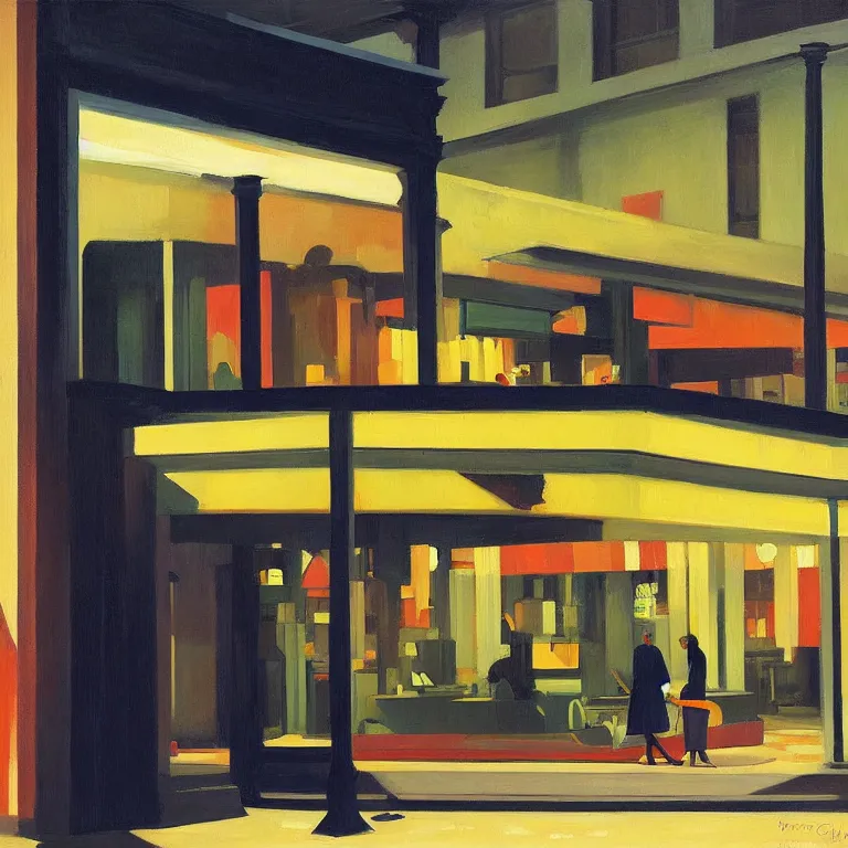 Image similar to dark city all stores cloded, except one, painted by Edward Hopper and James Gilleard, oil painting