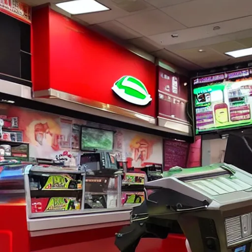 Image similar to Accidents, The Hulk working as a 7/11 cashier using a red laser scanner, cash register, red laser scanner, wide wide shot, very detailed, beautiful lighting, red laser, broken counter, broken, fire, smoke