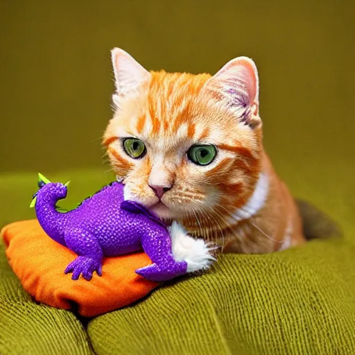 Image similar to tiny adorable purple dragon cuddles an orange tabby cat, realistic, orange tabby cuddles purple dragon, award-winning photography