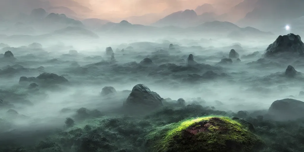 Image similar to A landscape of an alien planet stretching as far as the eye can see, with misty rolling hills on bizarre floating rock formations, vigorous misty mountains, and rainy thunderclouds, raining, landscape photography, landscape imagery, landscape perspective, trending on artstation, artstationHD, artstationHQ, 4k, 8k.