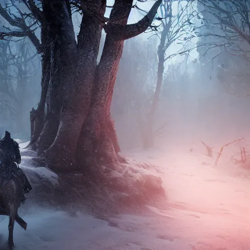 Image similar to the wild hunt, unholy spectres riding in the sky, grim reapers, bad omen, enchanted forest, blizzard storm, fog, full moon, snowy environment, in the style of the witcher series, hyperrealism, breathtaking, award winning, groundbreaking, octane render, unreal 5, intricate digital art, 8 k high resolution