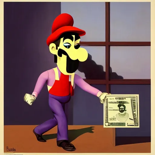 Image similar to Waluigi robbing a bank by Raphael, Hopper, and Rene Magritte. detailed, romantic, enchanting, trending on artstation.