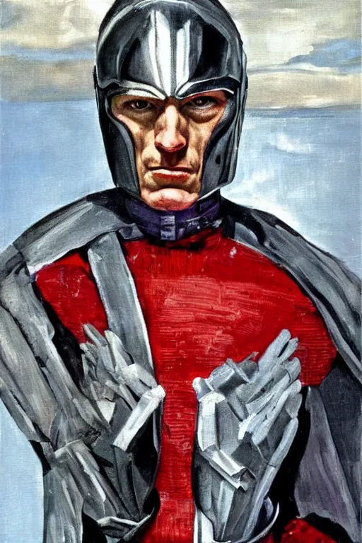 Image similar to Magneto fully costumed from the X-Men oil painting by Lucian Freud