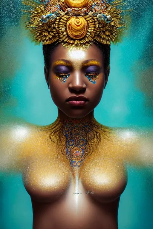 Image similar to hyperrealistic post - symbolist cinematic very beautiful! oshun goddess with white eyes, yoruba body paint, dripping mirror droplet armor, gold flowers, highly detailed digital art masterpiece, smooth etienne sandorfi eric zener dramatic pearlescent soft teal light, ground angle uhd 8 k, sharp focus