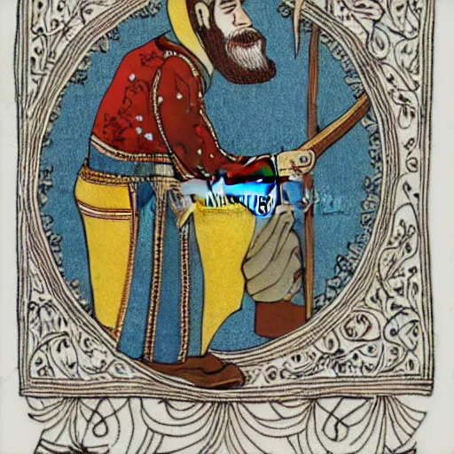Image similar to bearded cowboy kneeling for prayer, persian folkore illustration