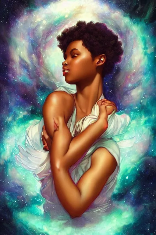 Prompt: beautiful black girl magic, nature goddess in front of nebulae bursting halos, crisp digital painting by artgerm by mucha by caravaggio and face by wlop