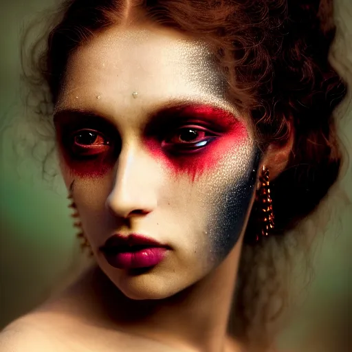 Prompt: photographic portrait of a stunningly beautiful renaissance female with tribal gothic makeup in soft dreamy light at sunset, contemporary fashion shoot, by edward robert hughes, annie leibovitz and steve mccurry, david lazar, jimmy nelsson, breathtaking, 8 k resolution, extremely detailed, beautiful, establishing shot, artistic, hyperrealistic, beautiful face, octane render