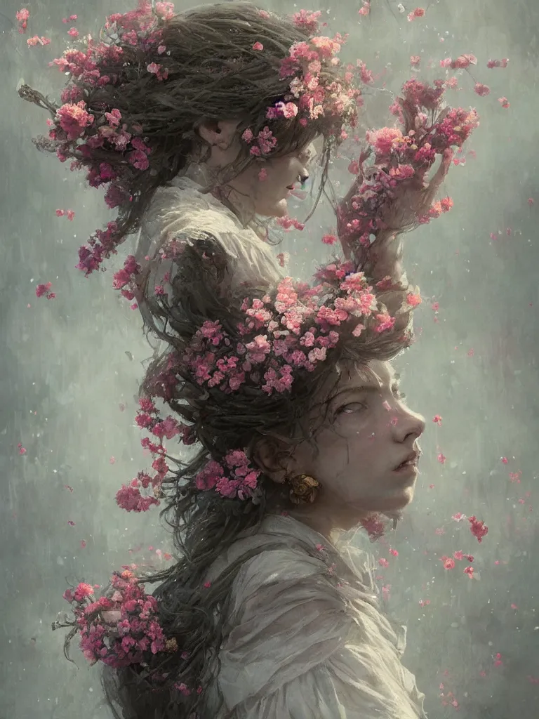 Image similar to a beautiful terrifying girl made of flowers. ethereal horror fantasy art by greg rutkowski and magali villanueve and monet, concept art, smooth, cinematic lighting, 8 k resolution