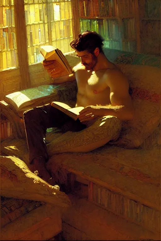 Image similar to attractive man reading books at night, painting by gaston bussiere, craig mullins, greg rutkowski, alphonse mucha