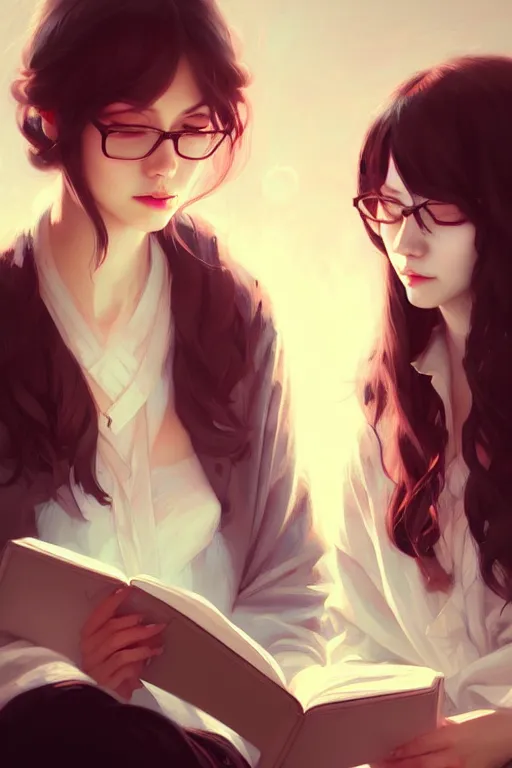 Image similar to portrait of two wise and very beautiful women reviewing some texts, art by guweiz, intricate, elegant, highly detailed, smooth, sharp focus, artstation