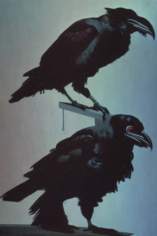 Prompt: a raven observing 8 0 s era technology, vintage shapes, retro technology, harsh color, wayne barlow, oil on canvas, deep depth of field, masterpiece, cinematic composition, hyperdetailed