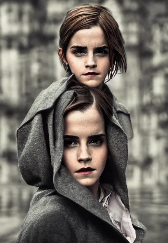 Image similar to emma watson posing in dunwall city, beautiful face, detailed face, realistic eyes, cinematic lighting, rainy weather, melancholy atmosphere, volumetric light, gothic architecture, realistic reflections, model agency, instagram photo, depression atmosphere, shot on sony a 7, beauty filter, postprocessing