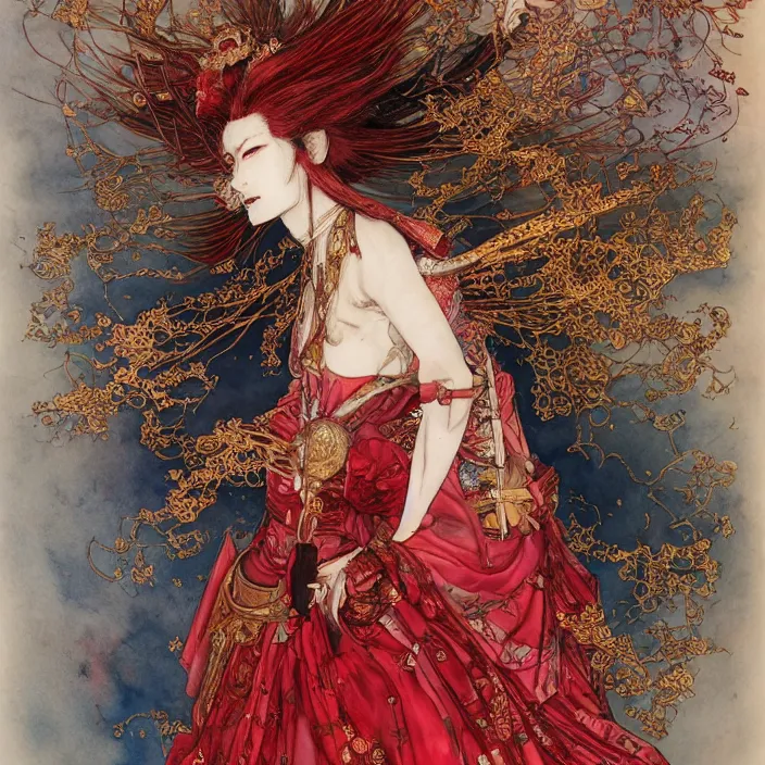 Image similar to watercolor painting of avant - garde, beauty portrait of an asian samurai fox queen in a victorian red dress painted by yoshitaka amano, daniel merriam, ayami kojima, intricate detail, artstation, artgerm, in the style of dark - fantasy, rococo, gold leaf art, victo ngai