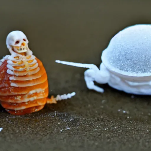 Prompt: skeleton pouring salt on a slug