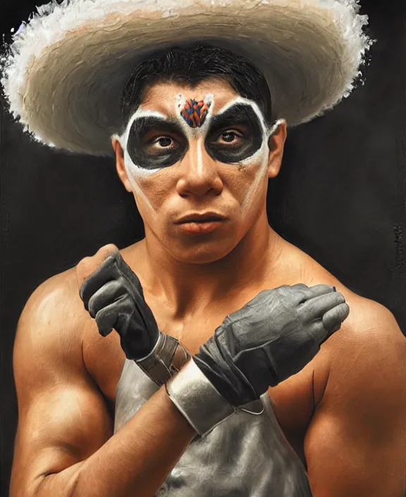 Image similar to heroic portrait of a young mexican wrestler. art by denys tsiperko and bogdan rezunenko, hyperrealism