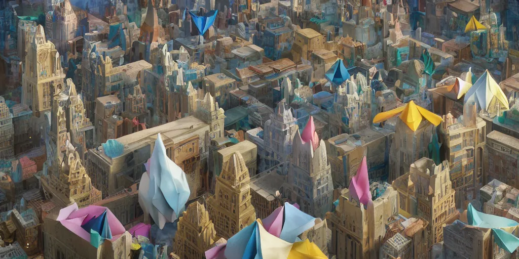 Image similar to city buildings made out of colored folded origami !paper, !origami, !city background, ethereal, fantasy, Lawrence Alma-Tadema, James Jean, oozium, peter morbacher, angelarium, alchemy, luxury, heavenly light, Soft illumination, Trending on artstation, Cinematic Lighting, very detailed, 3D, octane render, artgerm