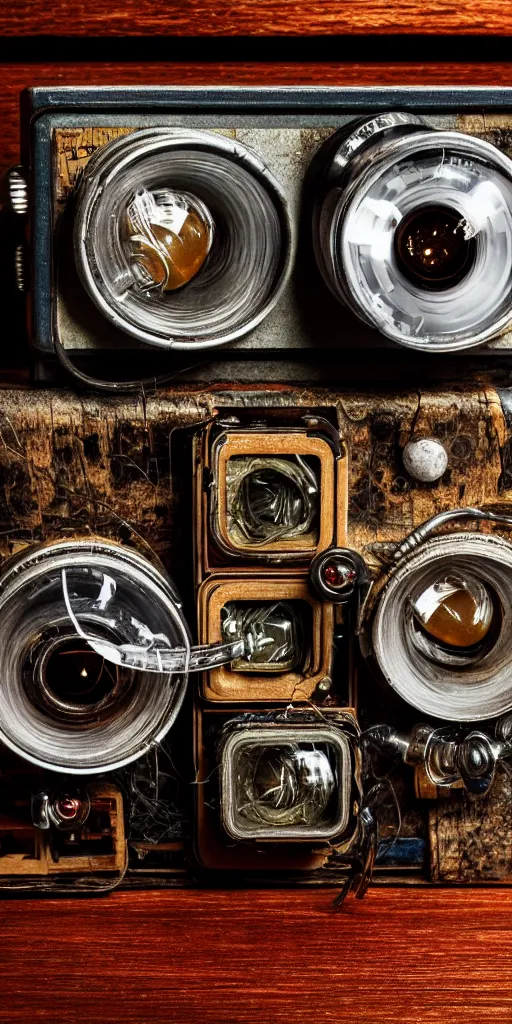 Prompt: A photo of a very old opened camera with vacuum tubes, film, capacitors and coils inside, on an old wooden table by Annie Lebovitz, Laura Letinsky and Steve McCurry, grungy, weathered Ultra detailed, hyper realistic, 4k
