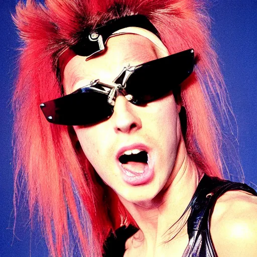 Prompt: gender bending androgynous glam metal portrait of tall skinny rocker, Frazz Hurman, wearing big oversized sunglasses, 1987