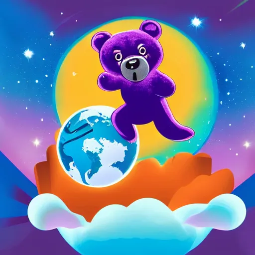 Image similar to cartoon illustration of a bear mascot being launched from a futuristic marble planet, purple and orange cloudland