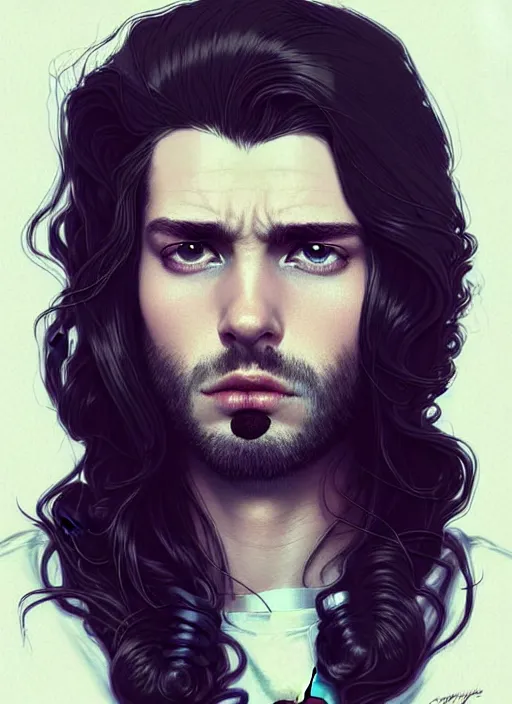 Image similar to highly detailed portrait of a beautiful man with long hair, tartan hoody, photographic realistic background, ringlet hair by atey ghailan, by greg rutkowski, by greg tocchini, by james gilleard, by joe fenton, by kaethe butcher, gradient violet, black, cream and white color scheme, trending in pinterest, award winning details