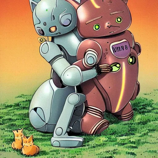 Prompt: a robot cuddling kittens, by studio ghibli
