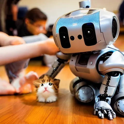 Image similar to photo of a terrifying robot petting a cute kitten