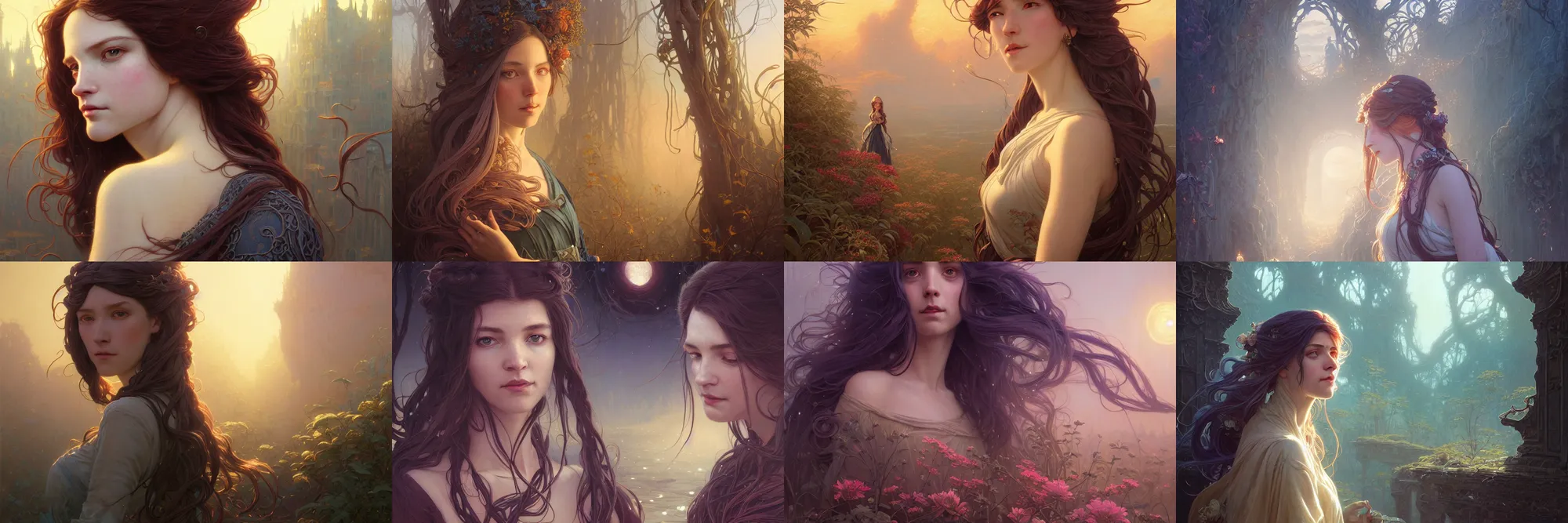 Image similar to highly detailed portrait of a woman with long hairs, stephen bliss, unreal engine, fantasy art by greg rutkowski, art nouveau, loish, rhads, ferdinand knab, makoto shinkai and lois van baarle, ilya kuvshinov, rossdraws, tom bagshaw, alphonse mucha, global illumination, radiant light, detailed and intricate environment