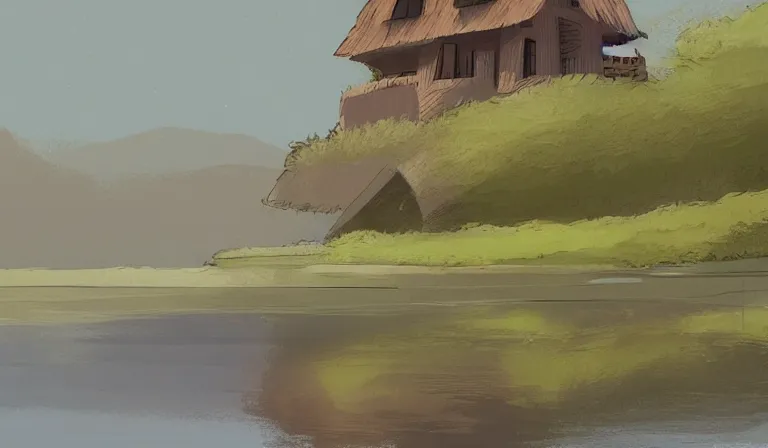 Prompt: A serene landscape with a singular building in the style of Walt Disney.