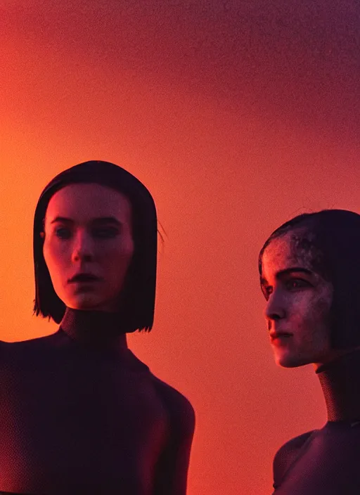 Image similar to cinestill 5 0 d photographic portrait of two loving female androids wearing rugged black mesh techwear crop top on a desolate plain with a red sky, extreme closeup, modern cyberpunk, dust storm, 8 k, hd, high resolution, 3 5 mm, f / 3 2, ultra realistic faces, ex machina, blade runner