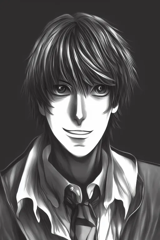 Image similar to light yagami, god of the new world, highly detailed, digital art, sharp focus, trending on art station, death note