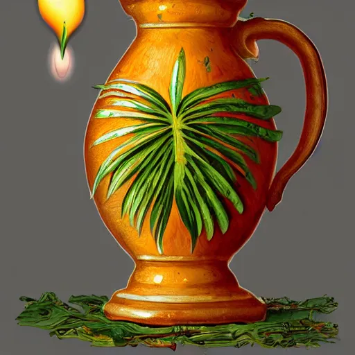 Image similar to still art, antique jug with palms inside, old candle, much vegetables, lemon, orange, pepper, cinematic light, detailed, digital art, concept art, trending on artstation, highly detailed, intricate, sharp focus, digital art, 8 k