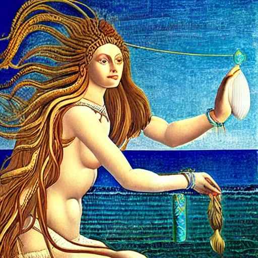 Image similar to sumerian goddess inanna ishtar, ashteroth, techno mystic goddess princess intergalactica, with aqua neon rapunzel dreadlocks, detailed, wearing seashell attire, crystal pathway to atlantis floating on the sea, by sandro botticelli