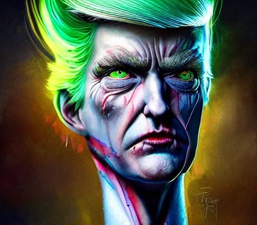 Image similar to a Demon Slayer portrait ofDonald Trump , tall, pale-skinned, and slender with lime green eyes and long eyelashes by Stanely Artgerm,Tom Bagshaw,arthur adams,Carne Griffiths,trending on DeviantArt,street art,face enhance,chillwave,maximalist,full of color, glittering