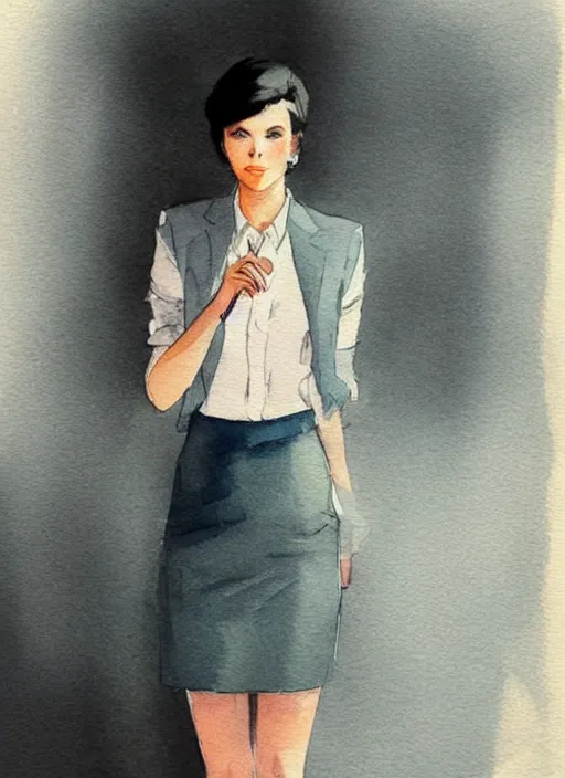 Image similar to concept art of a modern office life, young attractive business woman, pencil miniskirt, pinterest, artstation trending, behance, watercolor, by coby whitmore, silver, laser light,