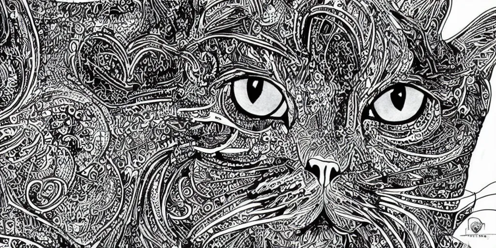 Prompt: cat doodle by visoth kakvei, black and white intricate detailed black ink illustration, sharp, charcoal art